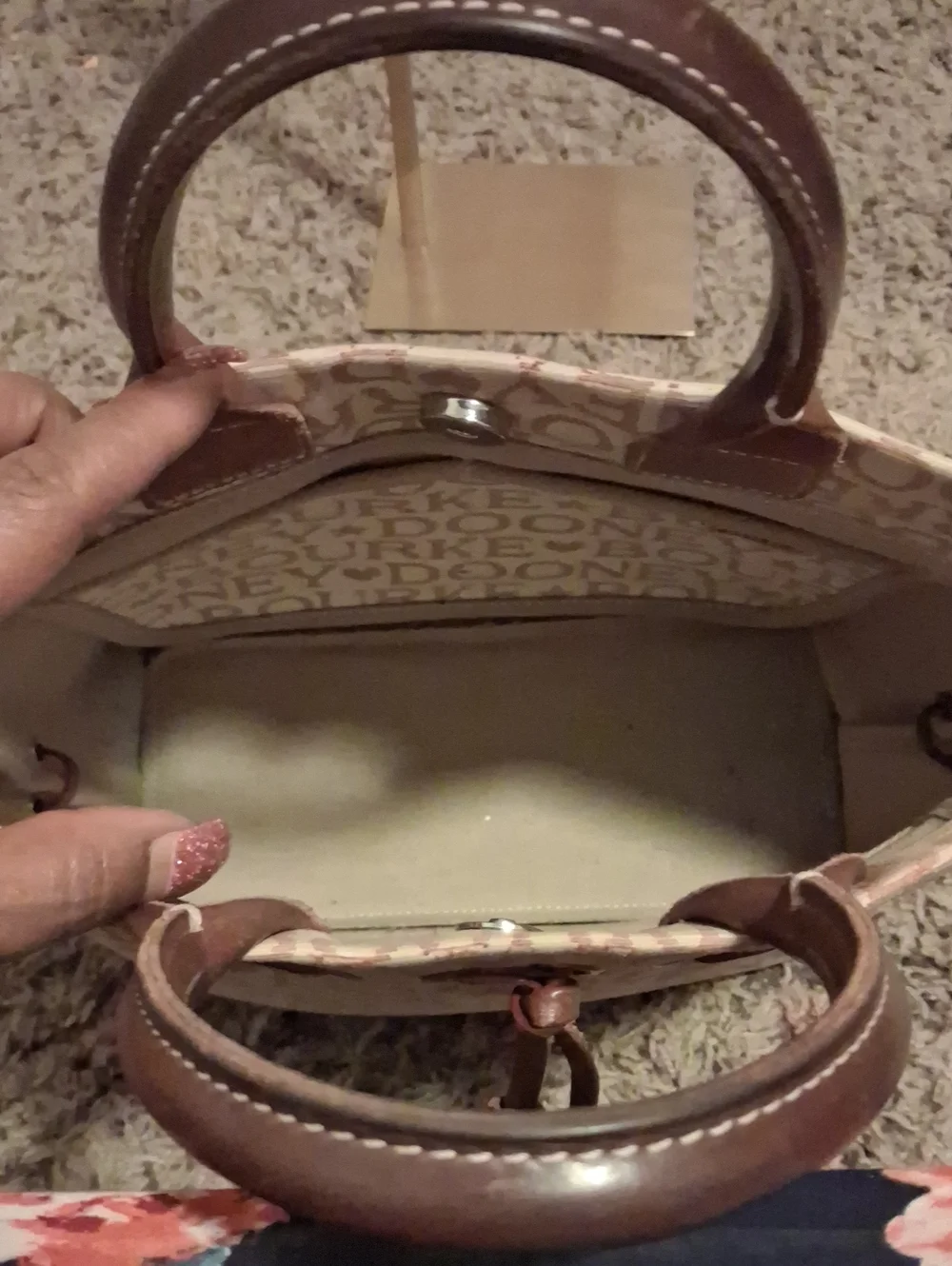 Dooney & Bourke Beige Logo Canvas Tote with Brown Leather Handles